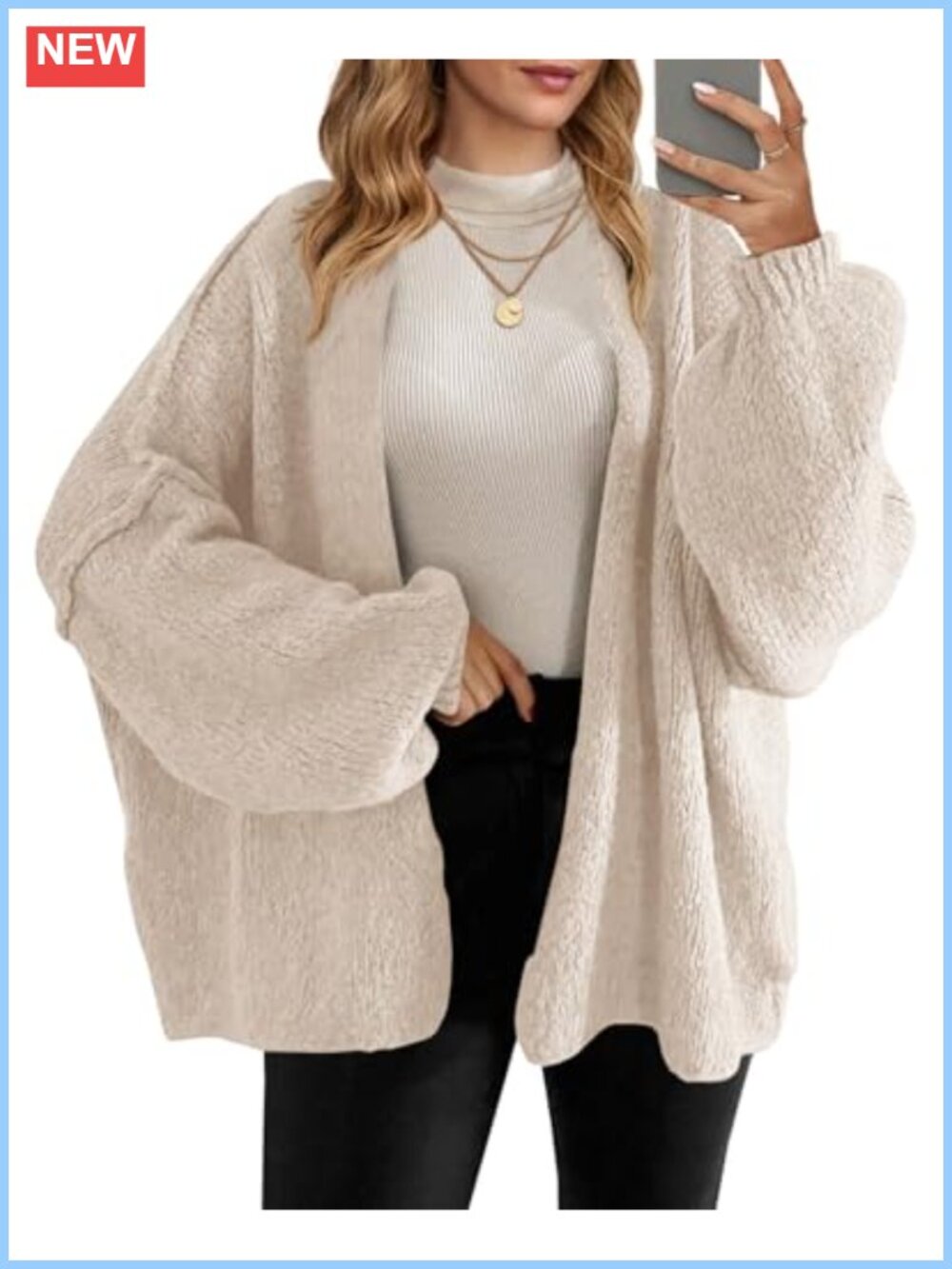 Oversized Open Front Cardigan Chunky Knit Long Lantern Sleeve